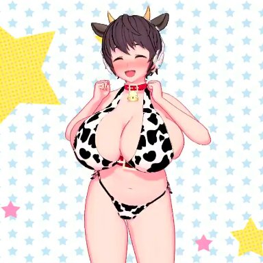 animated, bell, big breasts, bikini, blush, bouncing breasts, collar, cow girl, cow print, headphones, idolmaster, large breasts, looking at viewer, no sound, oikawa shizuku