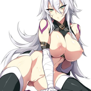 aged up, assassin of black, big breasts, bikini, chains, elbow gloves, fate (series), fate/apocrypha, fate/grand order, gray hair, jack the ripper, jack the ripper (fate/apocrypha), long hair, looking pleasured, nipples