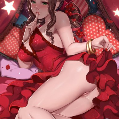 aerith gainsborough, ass, bed, blush, blushing, bracelet, breasts, brown hair, cleavage, dress, dress lift, final fantasy, final fantasy vii, final fantasy vii remake, finger to mouth