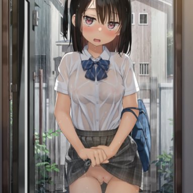 kantoku, no bra, no panties, nopan, photoshop, pussy, see-through, seifuku, shizuku (kantoku), skirt lift, wet, wet clothes