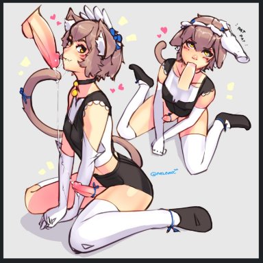 2boys, animal ears, choker, cum, felix argyle, fellatio, femboy, heart, male, male only, nelody, penis, simple background, tail, thighhighs