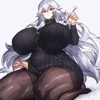 azur lane, ear cleaning, graf zeppelin (azur lane), huge breasts, kneeling, long hair, mature female, melon22, muscular female, muscular thighs, pantyhose, red eyes, silver hair, sweater, thick thighs