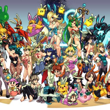 26girls, aged up, alex ahad, alternate breast size, alternate outfit, bayonetta, bayonetta (character), big breasts, breasts, bunny ears, bunnysuit, byleth (fire emblem), cleavage, corrin (fire emblem), crossover
