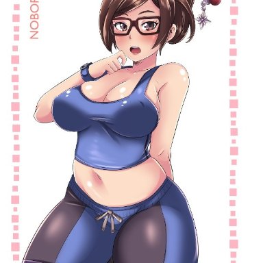 big breasts, blush, cleavage, female, female only, kneeling, large breasts, mei (overwatch), midriff, nipples, nipples visible through clothing, noboru(artist), overwatch, solo, solo female