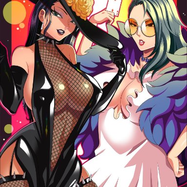 2girls, atlus, big breasts, black hair, blue eyes, crossover, female only, glasses, grey hair, long hair, mature female, nico robin, nipples, one piece, persona