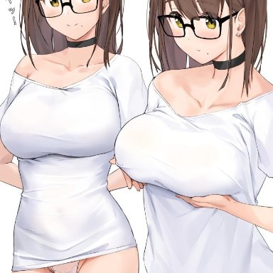 !!, 1girl, 2020, blush, breast hold, breasts, brown hair, choker, collarbone, deneb (noble324), earrings, eyebrows visible through hair, female, female only, glasses