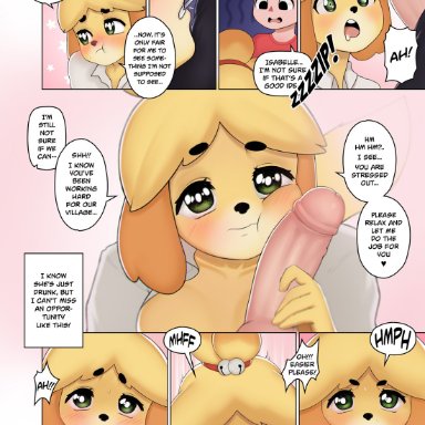 amadeen, animal crossing, anthro, blush, bodily fluids, breasts, canid, canine, canis, clothed, clothing, comic, dialogue, domestic dog, drooling