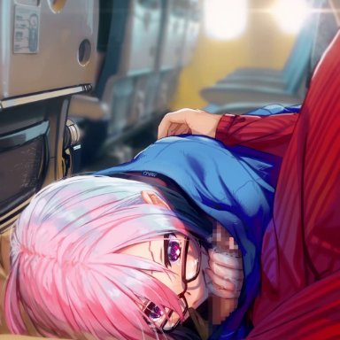 1boy, 1boy1girl, 1girl, airplane, fate (series), fate/grand order, glasses, handjob, mash kyrielight, nigorimizu, no sound, pink eyes, pink hair, precum, public