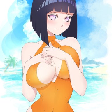 aetherion art, big breasts, blue hair, bob cut, boruto: naruto next generations, female, female only, hyuuga hinata, lavender eyes, mature female, milf, naruto, short hair, solo, solo female