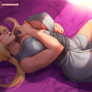 1girls, bed sheet, blonde hair, boruto: naruto next generations, bottomless, brown eyes, busty, cleavage, facial mark, female, female only, hand on own chest, huge breasts, kimono, lejeanx3