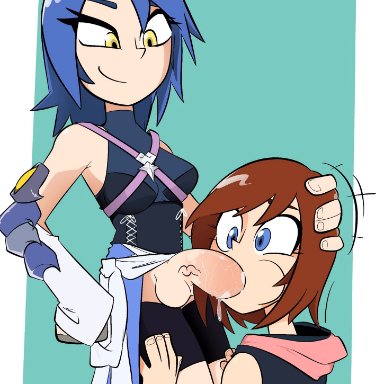 1futa, aqua (kingdom hearts), big penis, blowjob, blue eyes, blue hair, brown hair, cheek bulge, clothed, cum, cum in mouth, dickgirl/female, female, futanari, holding head