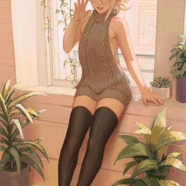 bottomless, corrin (fire emblem), feet, femboy, fire emblem, fire emblem fates, male focus, male only, samsara, skinny, thighhighs, virgin killer sweater, white hair, zettai ryouiki