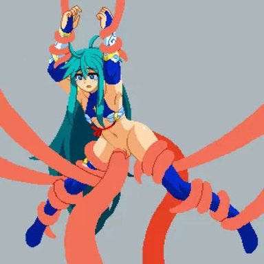 1boy, anal, animated, aqua hair, armpits, arms up, blue eyes, bottomless, bound, bridal gauntlets, clothed, clothing, elbow gloves, girly, gloves