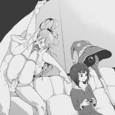 :d, 1boy, 2girls, aqua (konosuba), blush, controller, couch, dress, dualshock, flying sweatdrops, folded, full nelson, game controller, gamepad, greyscale