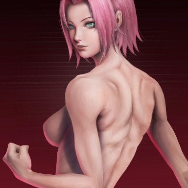 1girls, back view, breasts, clenched fist, clenched hand, female, female only, green eyes, looking at viewer, muscles, naruto, naruto shippuden, pink hair, red background, sakura haruno