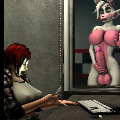 5 fingers, animated, anthro, balls, being watched, big breasts, big penis, black nose, bow, breasts, canine, clothed, clothing, computer mouse, erection