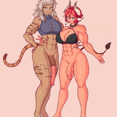 2futas, bottomless, cuchuflin, dickgirl, equine penis, flaccid, futanari, horns, horsecock, intersex, muscular, muscular futanari, sam (cuchuflin), sheath, standing