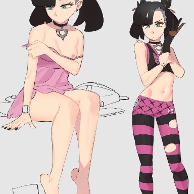 1girls, abs, alternate outfit, barefoot, black hair, breasts outside, feet, hair over one eye, human, l4wless, looking at viewer, marnie (pokemon), nintendo, partially colored, pokemon
