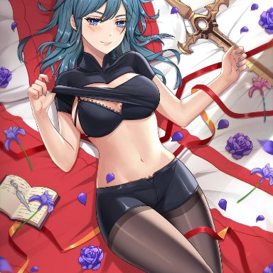 big breasts, byleth (female), byleth (fire emblem), chungmechanic, female, female only, fire emblem, fire emblem: three houses, pantyhose under shorts, solo, solo female, solo focus, stockings