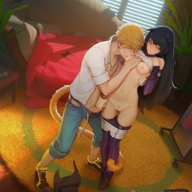 1boy, abs, animal ears, ankle boots, bartolomeobari, bedroom, black hair, black legwear, black panties, blake belladonna, blonde hair, blue eyes, blush, boots, breast sucking