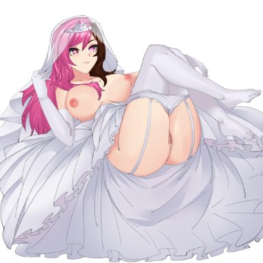 fikri710, heart-shaped pupils, laying down, legs up, neo (rwby), panties, rwby, stockings, wedding dress, white panties