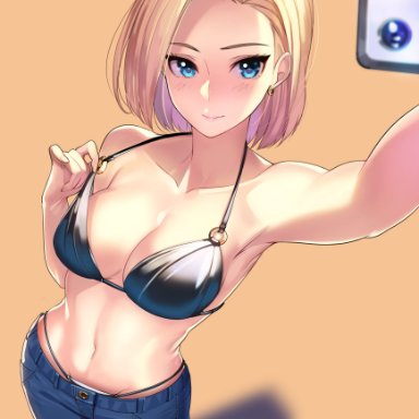 1girls, absurdres, android 18, armpits, bangs, bare shoulders, bikini, bikini top, black bikini, blonde hair, blue eyes, blue pants, blush, breasts, cellphone