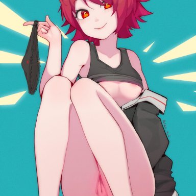 absurdres, anus, areola slip, areolae, arknights, arm support, artist name, ass, bare legs, bare shoulders, barefoot, black jacket, black panties, black tank top, blue background