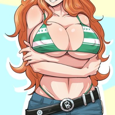 big breasts, bikini top, blush, breasts, erect nipples, huge breasts, large breasts, long hair, nami, nipples, nipples under clothes, nipples visible through clothing, one piece, orange hair, pants