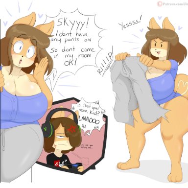 <3, anthro, big breasts, blue eyes, breasts, brown hair, cleavage, controller, domestic dog, gaming, highres, holding object, huge breasts, jinu, june (jinu)