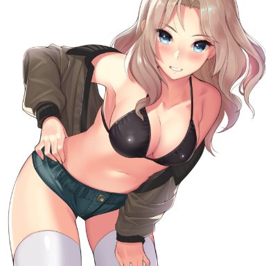 1girls, bangs, bikini, bikini top, black bikini, blonde hair, blue eyes, blush, bomber jacket, booty shorts, breasts, brown jacket, cleavage, collarbone, cowboy shot