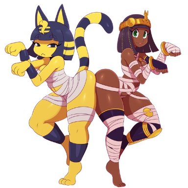 2girls, alternate breast size, animal crossing, ankha, anthro, ass, ass to ass, asses touching, bandages, big ass, big breasts, black hair, capcom, cat ears, cat tail