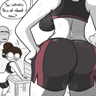 !!, 1boy, 2girls, airpods, anon, ass, bench, blush, booty shorts, breasts, breasts outside, brown hair, grey skin, hairband, jaiden animations