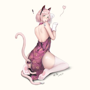 1girls, animal ears, boruto: naruto next generations, cat tail, clothing, dress, female, female only, green eyes, heart, kneeling, looking at viewer, looking back, mouse, naruto