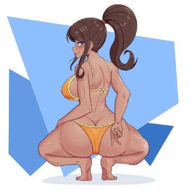 :p, 1girls, asahina aoi, ass, backboob, bikini, blue eyes, blush, brown hair, crouching, danganronpa, dark skin, dark-skinned female, large breasts, looking back