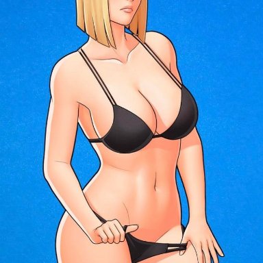 1girls, big breasts, bikini, blonde hair, blue background, blue eyes, bob cut, breasts, busty, cleavage, female, female only, looking at viewer, naruto, naruto shippuden