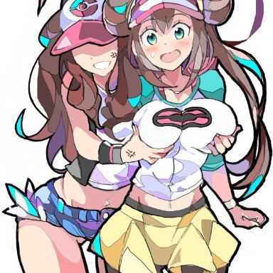 2girls, abs, aged up, alternate breast size, big breasts, blush, boob grope, breasts, brown hair, clothed, enpe, game freak, hilda (pokemon), human, looking at viewer