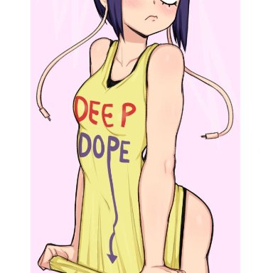 1girls, afrobull, annoyed, ass, bare arms, bare legs, bare shoulders, black eyes, blue hair, blush, breasts, clothes writing, clothing, collarbone, constricted pupils