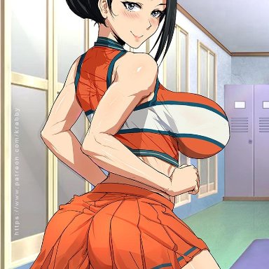 1girls, ass, big breasts, blush, breasts, cheerleader, female, female only, krabby (artist), large breasts, looking at viewer, looking back, momo yaoyorozu, my hero academia, solo