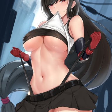 armor, bangs, black hair, breasts, cyi, earring, final fantasy, final fantasy vii, final fantasy vii remake, gloves, large breasts, light skin, long hair, looking at viewer, red eyes