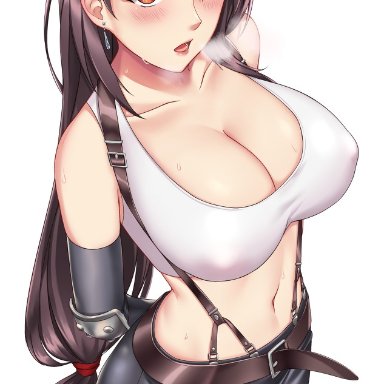 arms behind back, belt, big breasts, black skirt, blush, breasts, brown hair, cleavage, compression sleeve, earrings, erect nipples, erect nipples under clothes, final fantasy, final fantasy vii, from above
