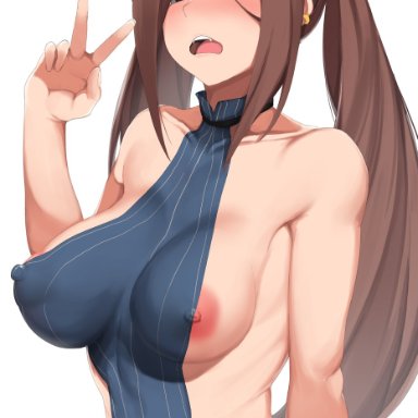 areola slip, areolae, bad id, bad pixiv id, bare shoulders, black eyes, blush, breasts, consort yu (fate), covered navel, covered nipples, dantes ward, earrings, fangs, fate (series)