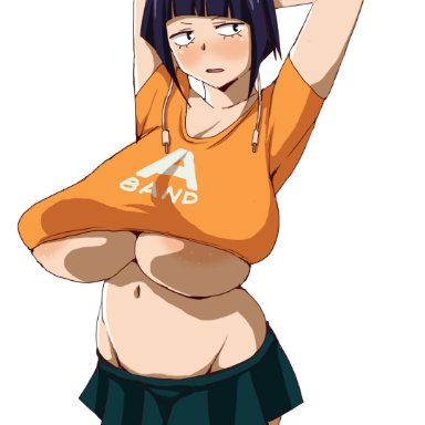 alternate breast size, areola slip, arms behind head, arms up, big breasts, embarassed, front view, gigantic breasts, huge areolae, huge breasts, inacap10, kyoka jiro, large areolae, miniskirt, my hero academia