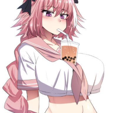 1girls, 2019, absurd res, astolfo (fate), bangs, black bow, blush, bow, braid, breasts, bubble tea, bubble tea challenge, crop top, crop top overhang, drinking