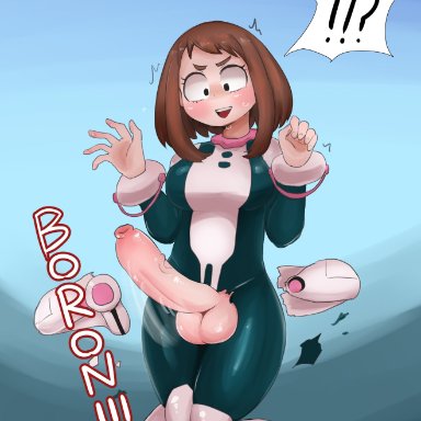 !, ?, 1futa, balls, big balls, big breasts, big penis, bodysuit, brown hair, foreskin, full-package futanari, futa, futanari, hands-free, hero outfit(mha)