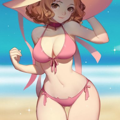 1girls, beach, bikini, choker, cleavage, female only, haru okumura, hat, navel, persona, persona 5, songjikyo, swimsuit, wide hips