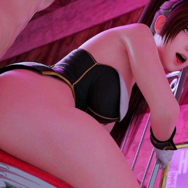 1boy, 1girl, 3d, anal, anal penetration, anal sex, animated, asian, asian female, ass, bar stool, big breasts, bottomless, bouncing breasts, breasts