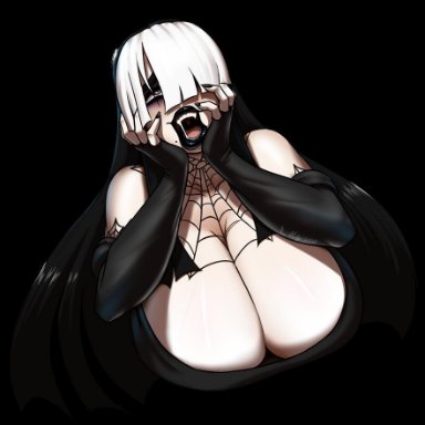 1girls, bangs, big breasts, black dress, black gloves, black hair, black lipstick, cobwebs, covered eyes, dark makeup, fingerless gloves, goth, goth mommy, gothmom, happy expression