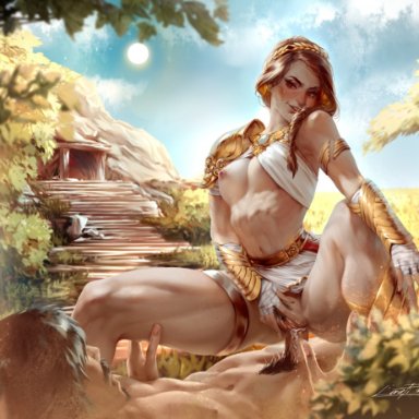 1boy, 1girls, abs, armlet, assassin's creed, assassin's creed odyssey, bandaged hands, bandages, blush, braid, breasts, brown hair, clothed female nude male, clothed sex, commentary