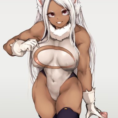 1girls, big breasts, breasts, bunny girl, cleavage, dark skin, dark-skinned female, female, female only, hero outfit(mha), large breasts, looking at viewer, mamimi (artist), miruko, muscles