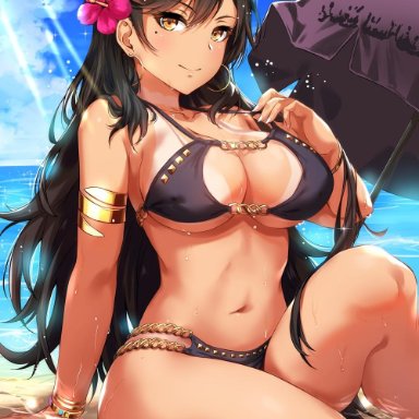 1girls, animal ears, anklet, arm support, armlet, artist name, atago (azur lane), azur lane, bangs, barefoot, beach, beach umbrella, big breasts, bikini, bikini tug